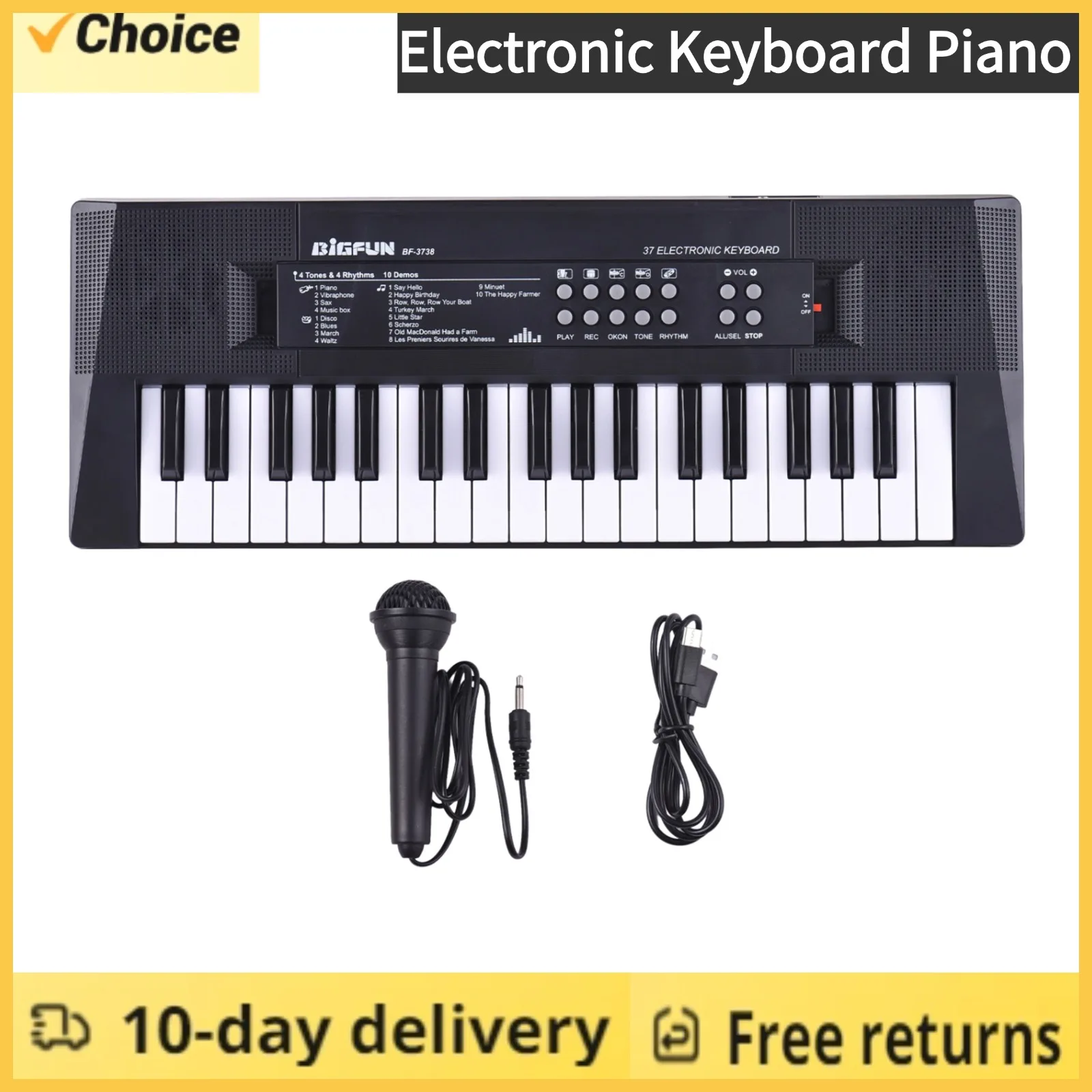 37 Key Electronic Keyboard Piano 4 Tones 4 Rhythms 10 Demos 5 Percussions Single Speaker Musical Instrument with Microphone