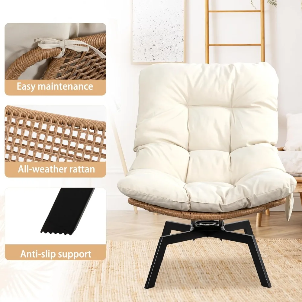 Modern Wicker Swivel Accent Chair with Oversized Seat, Cushion & Phone Pocket for Living Room, Bedroom, Beige