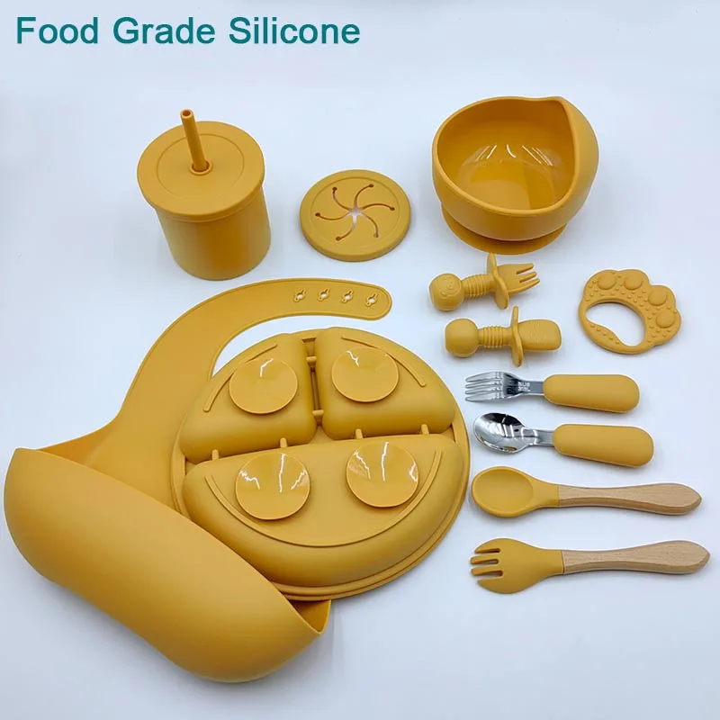 Silicone Cutlery Set Silicone Bowl Silicone Dinner Plate Baby Feeding Spoon Drinking Cup 11Pcs Silicone Feeding Sets For Baby Personalized Name Children's Tableware Suction Cup Plates Bowl Spoon Feeding Cups BPA Free