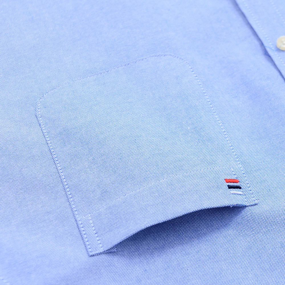 Casual Short Sleeved Shirt Men's Oxford Summer Single Pocket Button-down Plaid Striped Cotton Shirt