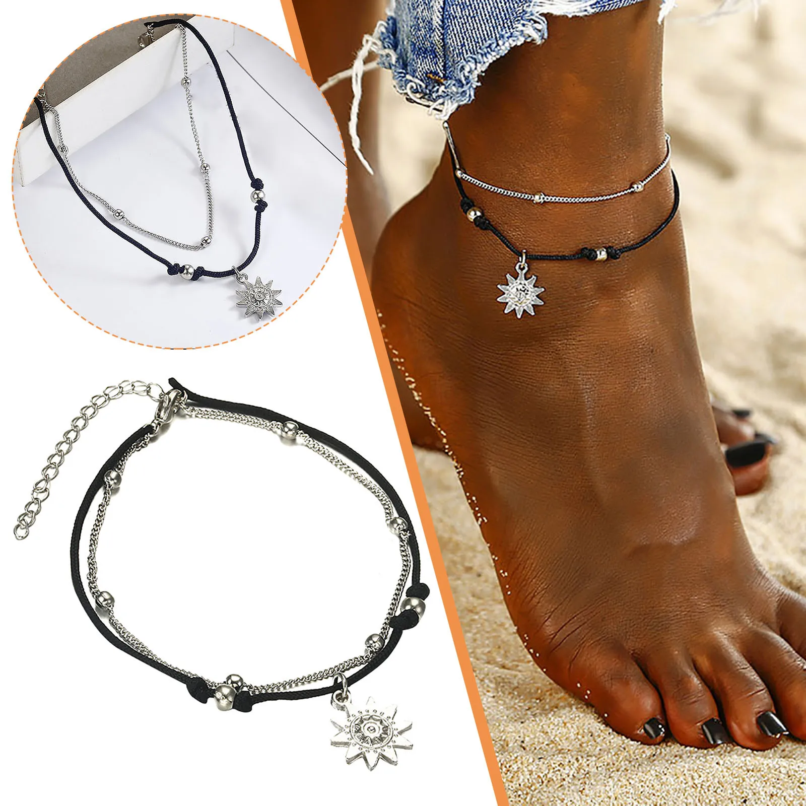 Bohemia Chain Ankle Bracelet On Leg Foot Jewelry Boho Elephant Sun Charm Anklet Set For Women Accessories jewelry silver anklet bracelet ankle chains elephant charm bracelet beads anklet fashion accessories