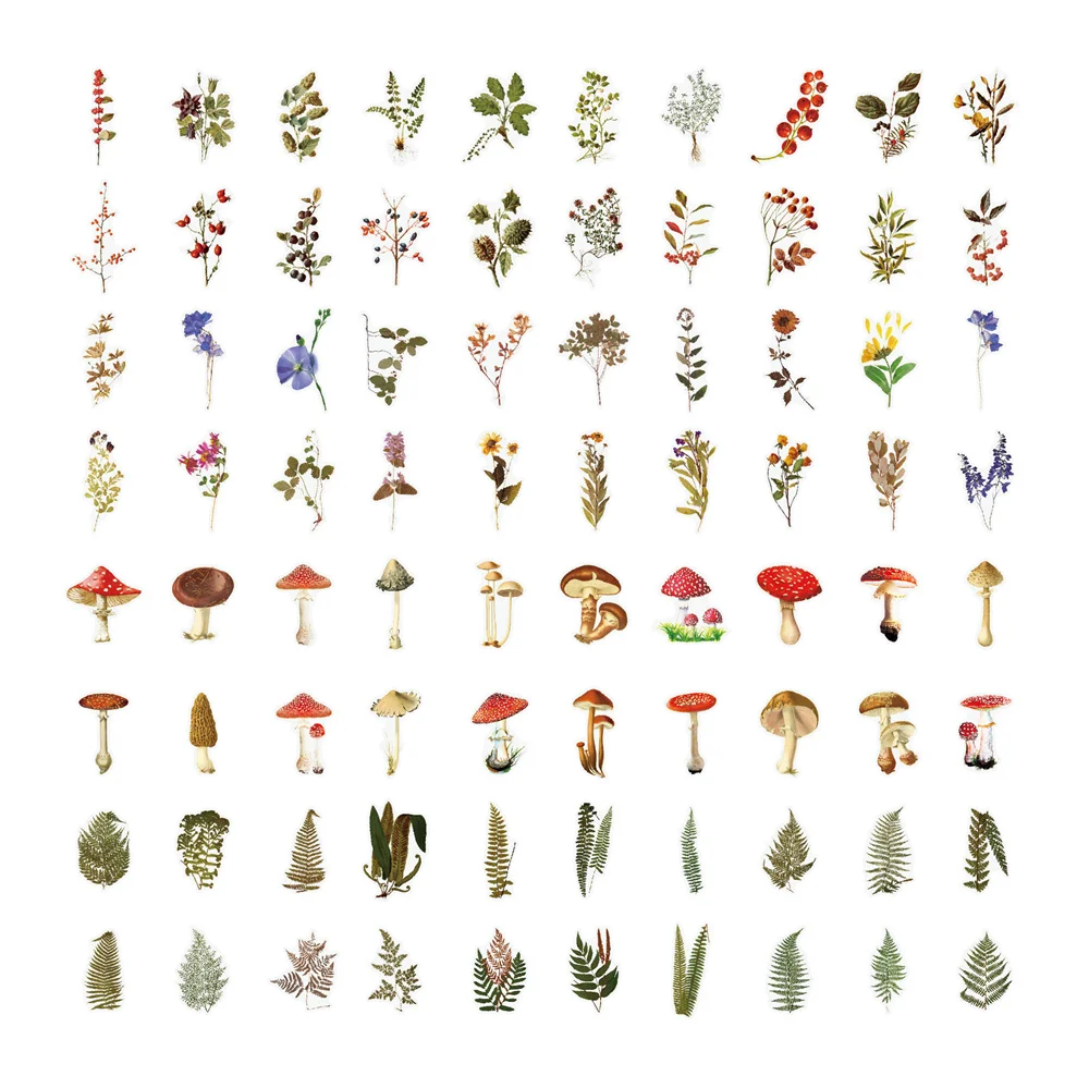 Transparent PET Vintage Plant Flowers Stickers For Scrapbook DIY Mushroom Sticker Craft 40pcs