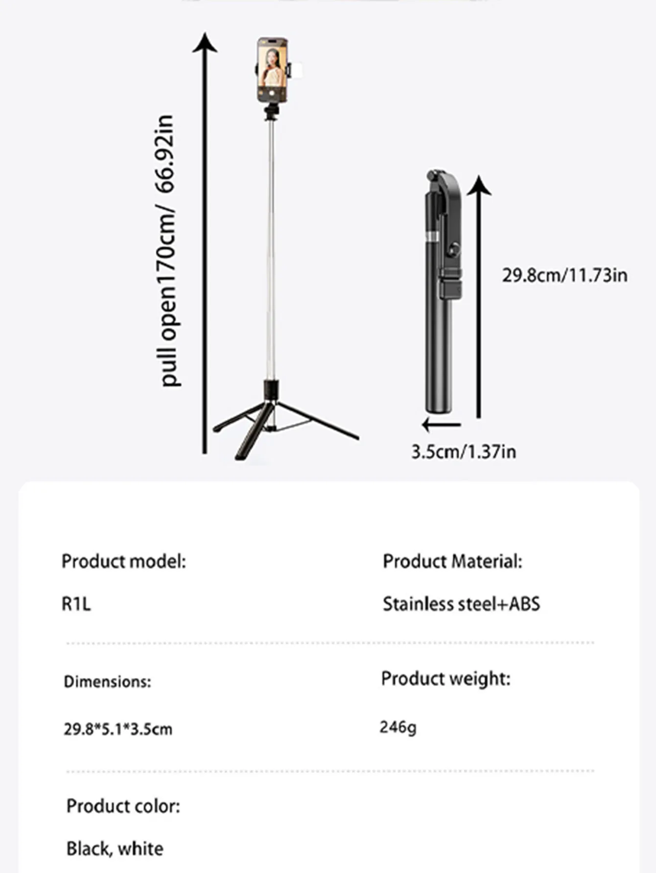 170cm/67inch Selfie Stick Tripod, With fill light, Extendable Aluminum Tripod With Bluetooth Remote,Compatible With lPhone And A 6