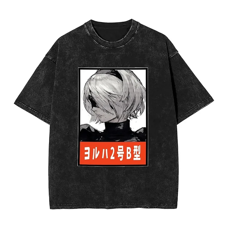 

Футболка мужская промытая, уличная одежда, модная рубашка из хлопка с отделениями для карт nier 2B, Y2K, ретро, лето