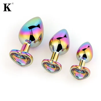 Rainbow Rose Gold Pink Small Medium Size Set Heart Shape Crystal Metal Anal Beads Butt Plug Jewelry Sex Toy For Female Male 2