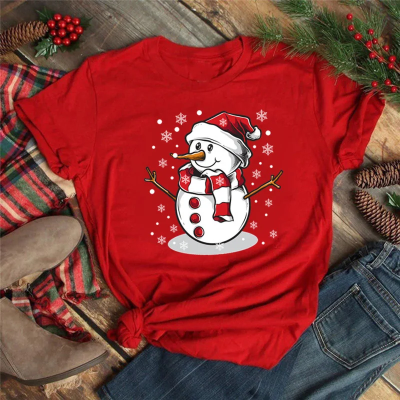 Cute Snow Man Graphic Tee Shirt Merry Christmas T Shirt New Women T-Shirt Xmas T-Shirt Casual Donna Rossa
