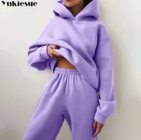 Women’s Tracksuit Casual Solid Long Sleeve Hooded Sport Suits Autumn Warm Hoodie Sweatshirts and Long Pant Fleece Two Piece Sets