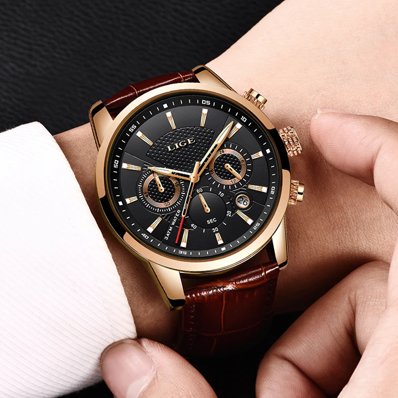 LIGE Fashion Brown Leather Watch For Men Casual Business Sports Men Waterproof Watches Luminous Quartz Chronograph Clock Male