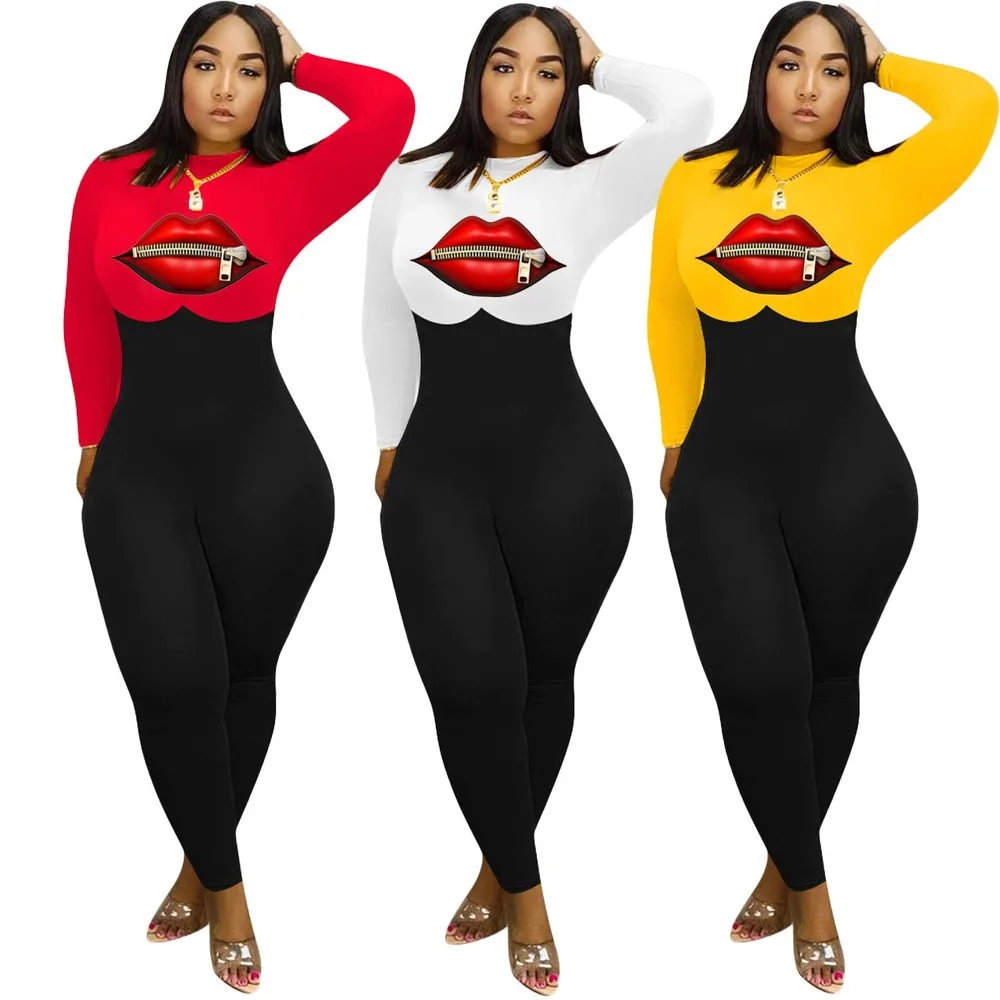 Oversized Long Sleeve Jumpsuit Rompers Ladies Fashion Printed Sexy Lip Turtleneck Bodysuit 2020 Fall Clothing for Women | Женская одежда