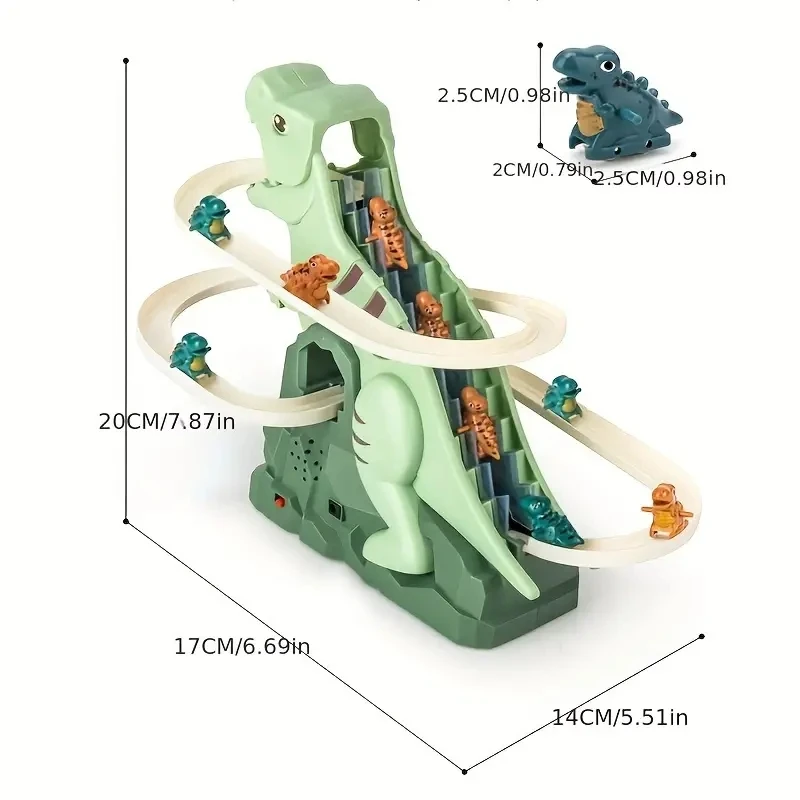 Dinosaurs Climbing Slide Light Up Music Stairs Toy With 6Pcs Dinosaur Alloy Race Cars,Puzzle Fun Electric Slide Track Toy Car 6