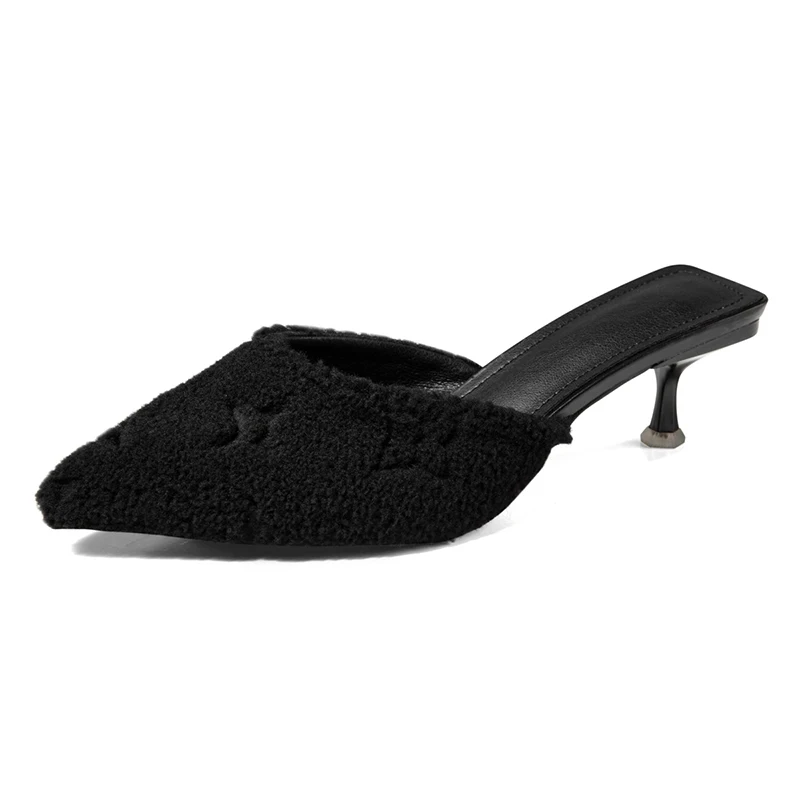 Spring Autumn Warm Short Plush Stiletto Women Slippers Pointed High Heels Fashion Soft Slip On Slides Shoes For Women Flip Flops