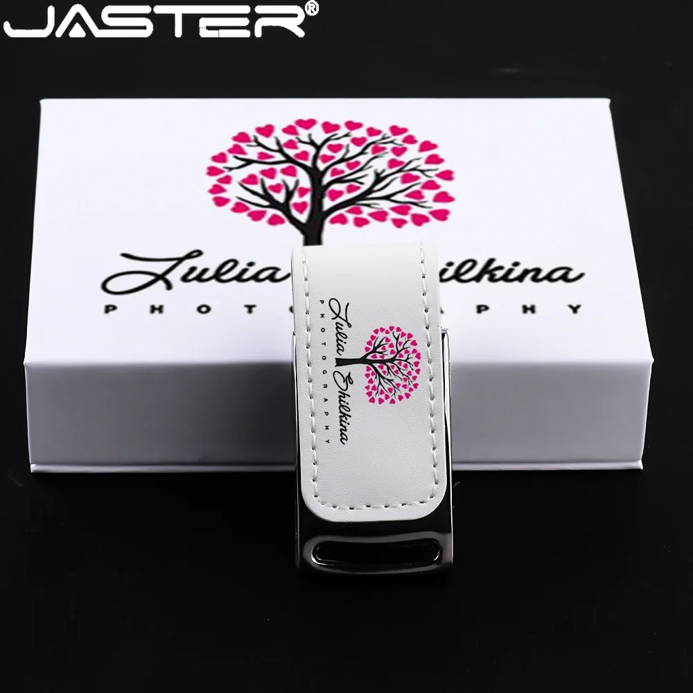 JASTER 10 PCS LOT USB flash drive Free custom logo Pen drive Leather Memory stick White box pendrive 128GB 64GB Color printing