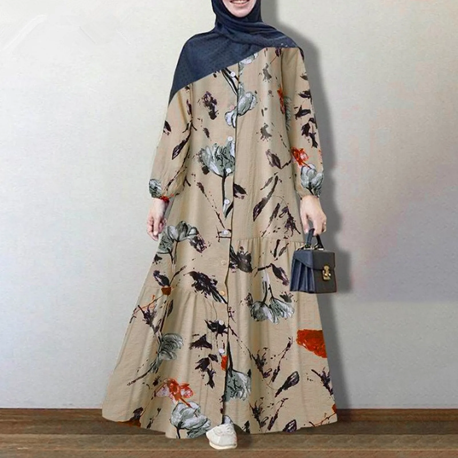 

Винтажный сарафан с цветочным принтом, Осеннее Свободное длинное платье макси с длинным рукавом, женское ретро платье Дубай, абайя, Турция, хиджаб