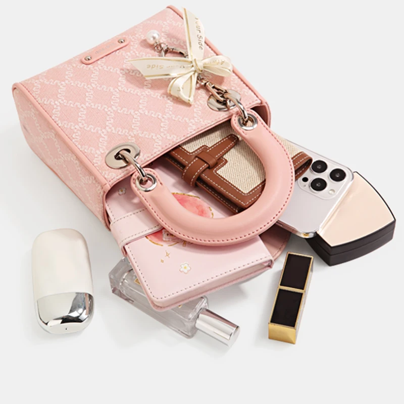 TOUTOU Handbag for Cosmetics Fashion Bow Decor Satchel Purse Metal Pendant Women's Small Tote Bag with Large Capacity Durable