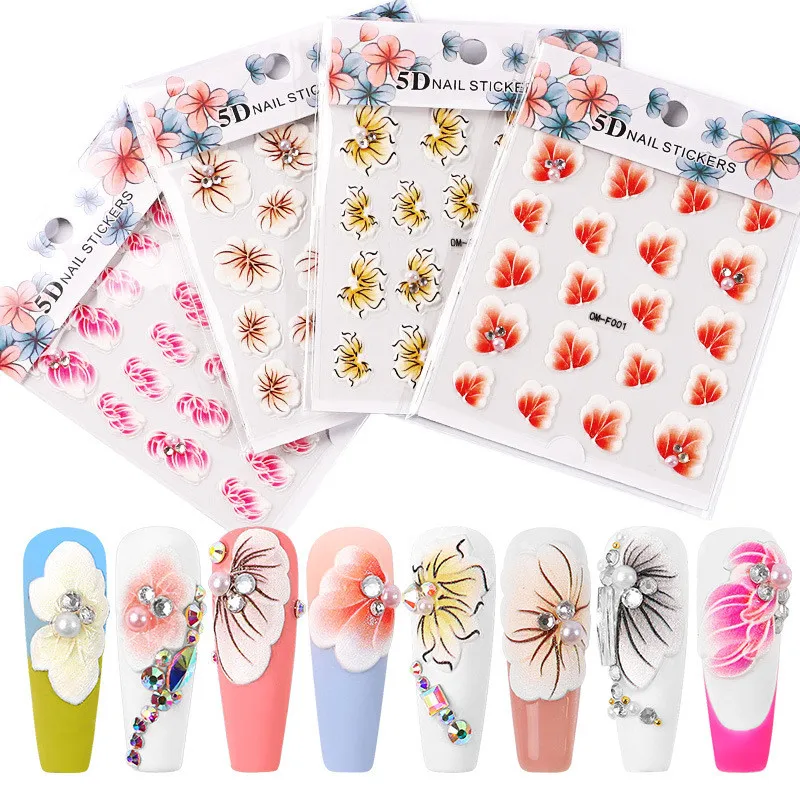 

8pcs Nail Flower Sticker White Pink Color Sliders Acrylic Nail Art Manicure Mix Colour 5D Engraved Press on Nails Decor Sticker