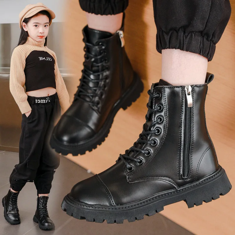 

Детские модные черные ботинки на молнии в британском стиле для девочек, Универсальные ботинки в уличном стиле, детские короткие ботинки на толстой подошве для мальчиков