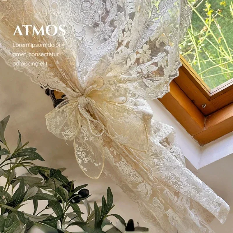 French Curtains Lace Gauze for Living Room  Cream Retro Wavy Edge Bedroom Bay Window Girl Embroidery Curtain Door White Tulle