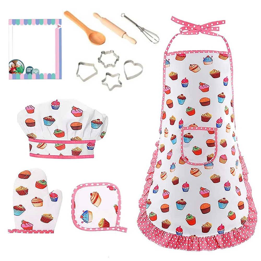 Kids Apron Play House Toys Kitchen Cooking Baking Tool Set Chef Hat Mitt & Utensil for Toddler Dress Up Chef Costume Role Play kitchen toys pretend kitchen toys doll house toys