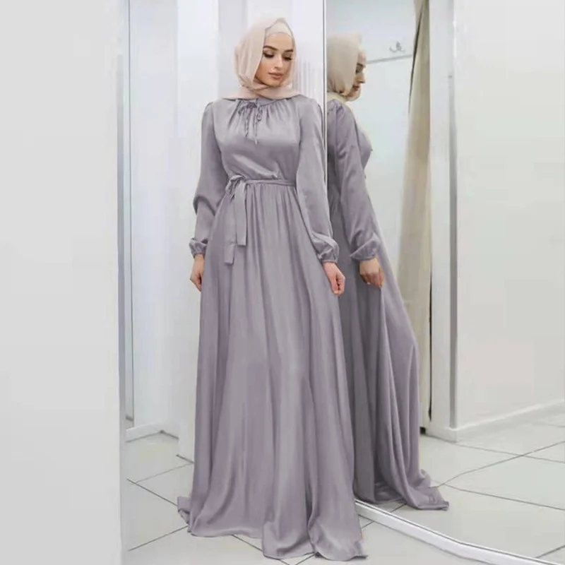 Islam Ramadan Abaya Europe and America Soft Waist Elegant Satin Robe Femme Large Swing Women's Dress Without Headscaf