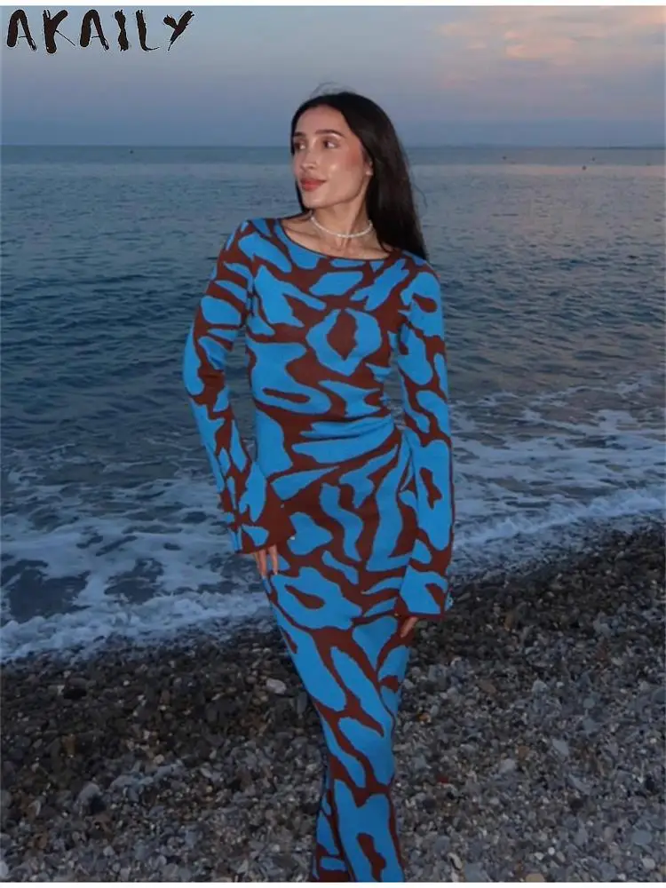 

Akaily Blue Print Bodycon Long Sleeve Knitting Maxi Dress Female Ruffled Hip Package Hem Vestidos Autumn Winter Party LongDress