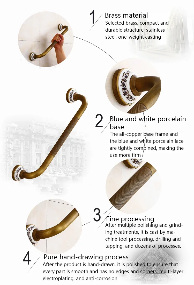 Description Picture 3 of itemAntique Grab Bars Bathroom Wall-mount Safety Assist Handle Towel Rack Bathtub Handrail Brass Anti-slip Elderly Armrest Hardware