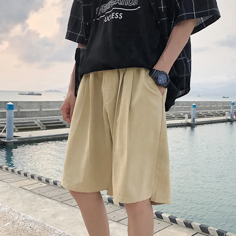 Casual Cropped Shorts Summer Solid Loose Beachwear Men's Fashion Trendy Lace Up Closure Shorts