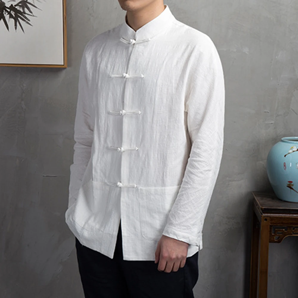 Men Chinese Traditional Kung Fu Tai Chi Coat Tang Suit Uniform Jacket Clothing Long Sleeve Blouse Retro Shirt Button Up Hanfu for chinese dress