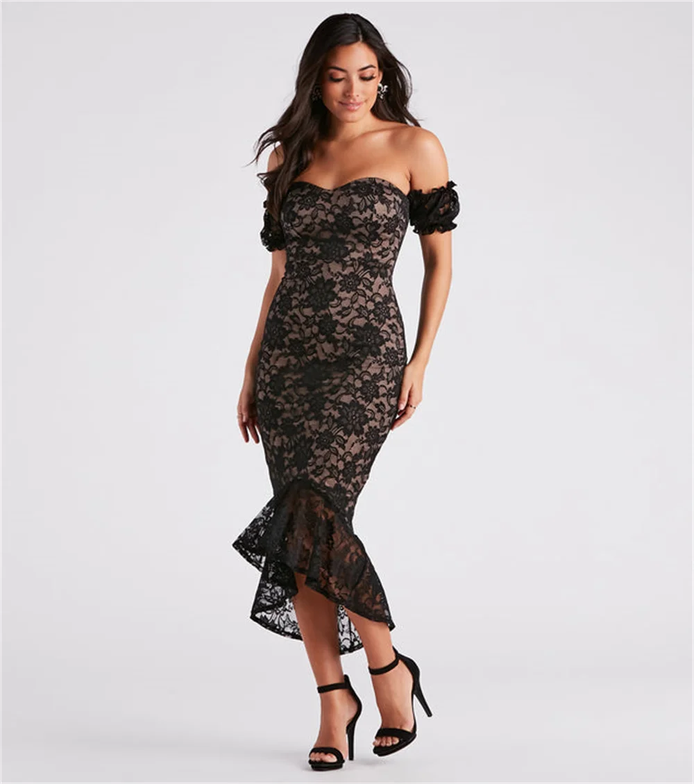 

Black Mermaid High Low Formal Gown Cocktail Dress Elastic Sleeve Sweetheart Neckline With Lace Ruffles فساتين مناسبة رسمية