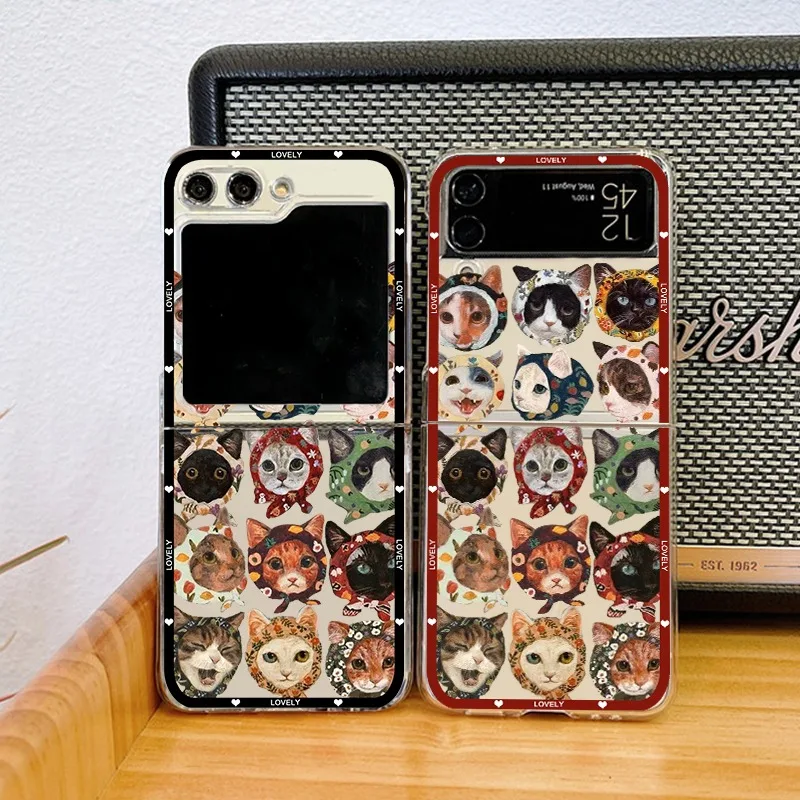 Charming Cartoon Cat Clear Hard Folding Phone Case - Cute Couple & Animal Design