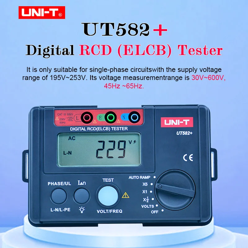 UNI T UT582 + 디지털 RCD (ELCB) 테스터 자동 램프 누설 차단기 미터 45Hz ~ 65Hz Mis 작동 부저 ...