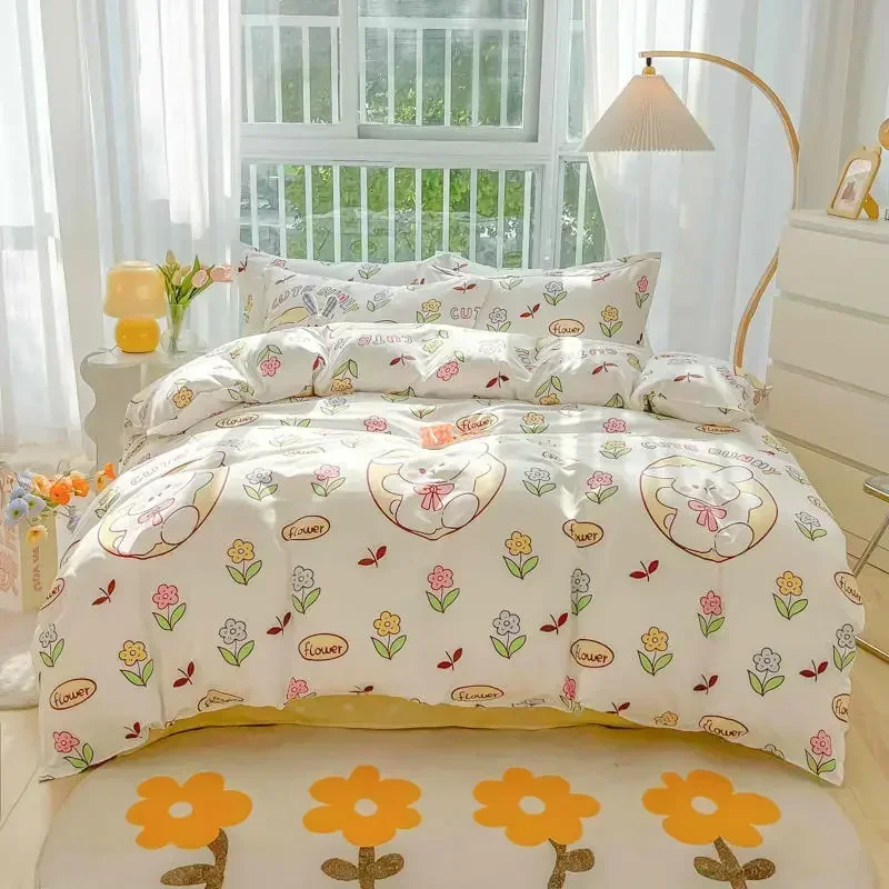 

Beddings Sets Washed Cotton Small Fresh Spring and Summer Four-piece Set Thickened Brushed Quilt Cover Single Double Bed Sheet