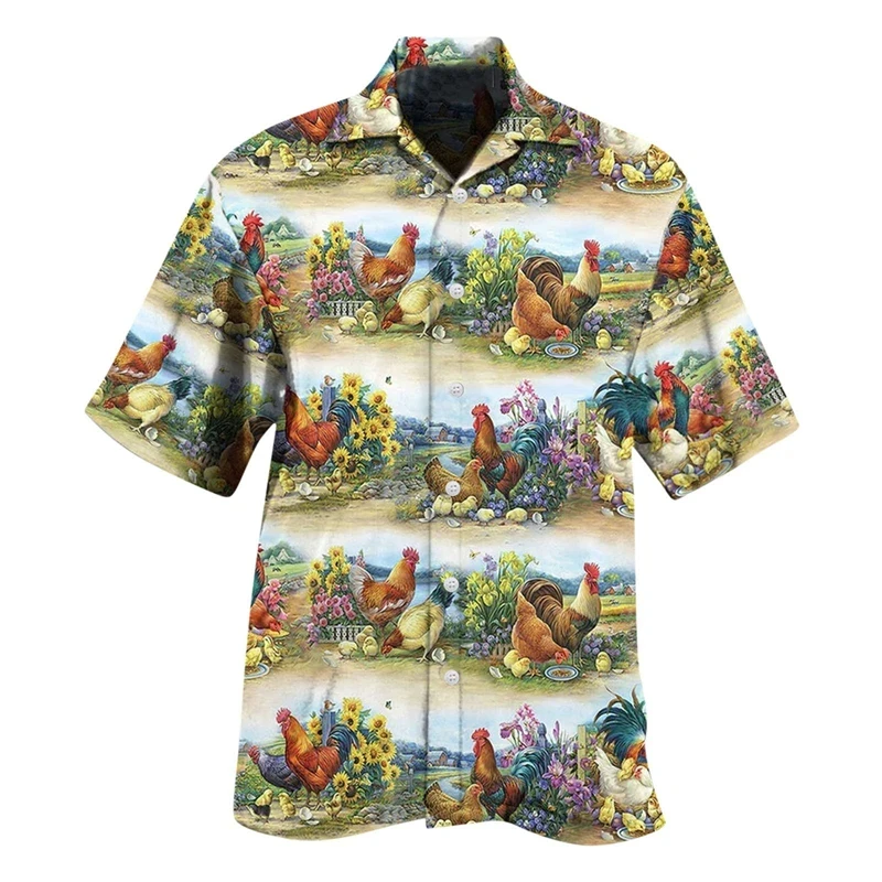 thumbnail image 1 of Camisa de pollo divertida con estampado 3D para hombre, camisa de manga corta con solapa, cómoda, informal, para fiesta en la playa, ropa de calle, camisas de talla grande para hombre, 1 of 5
