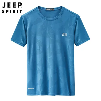 JEEP SPIRIT 남성용 반팔 심플 라운드 넥 아이스 실크 티셔츠, 편안한 통기성 스포츠 캐주얼 하의 탑, 여름 신상