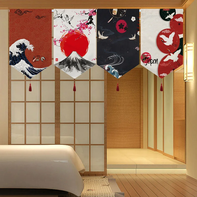 

Japanese Short Half Curtain Izakaya Partition Crane Fish Cherry Blossoms Print Kitchen Restaurant Curtain Pennant Decor Drapes
