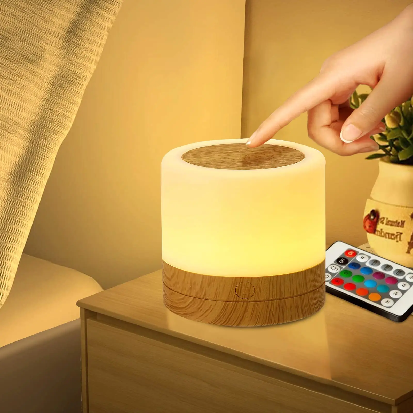 Taipow Touch Table Lamp, Rechargeable LED Night Light W Remote Control Color Change and Timer -wood, White