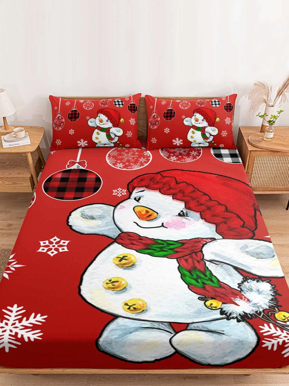 

Christmas Red Snowman Snowflake Lantern Winter Fitted Sheet Mattress Cover Four Corners Elastic Band Bed Sheet With Pilllowcase