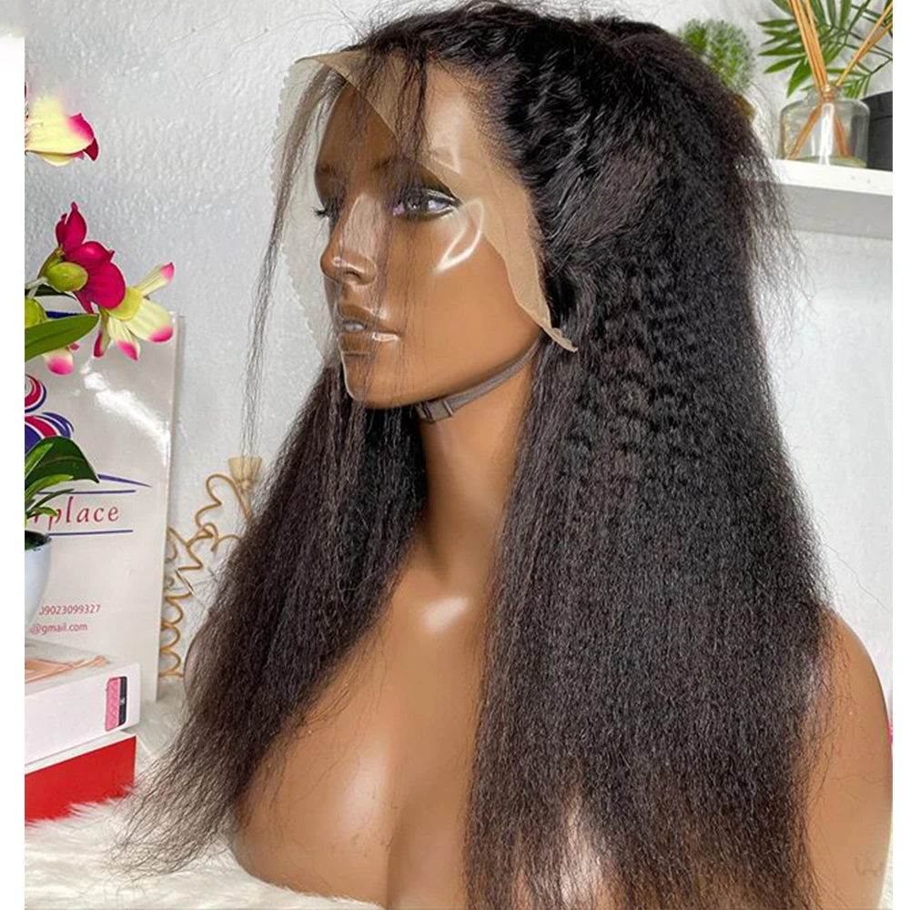 

Soft Glueless 26 inch Middle Part Natural Black Yaki Kinky Straight Lace Front Wigs For Black Women With Baby hair Preplucked