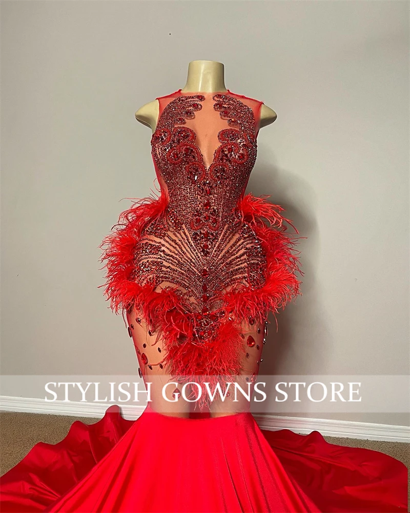Red O Neck Evening Dress For Black Girls Beaded Crystal Birthday Party Gowns Feathers Formal Dresses Mermaid Robe De Soiree