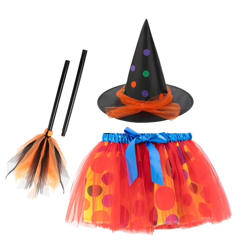 

Girls Toddlers Witch Costume Set Tutu Skirt with Magic Hat Halloween Broom Outfit Cosplay Props