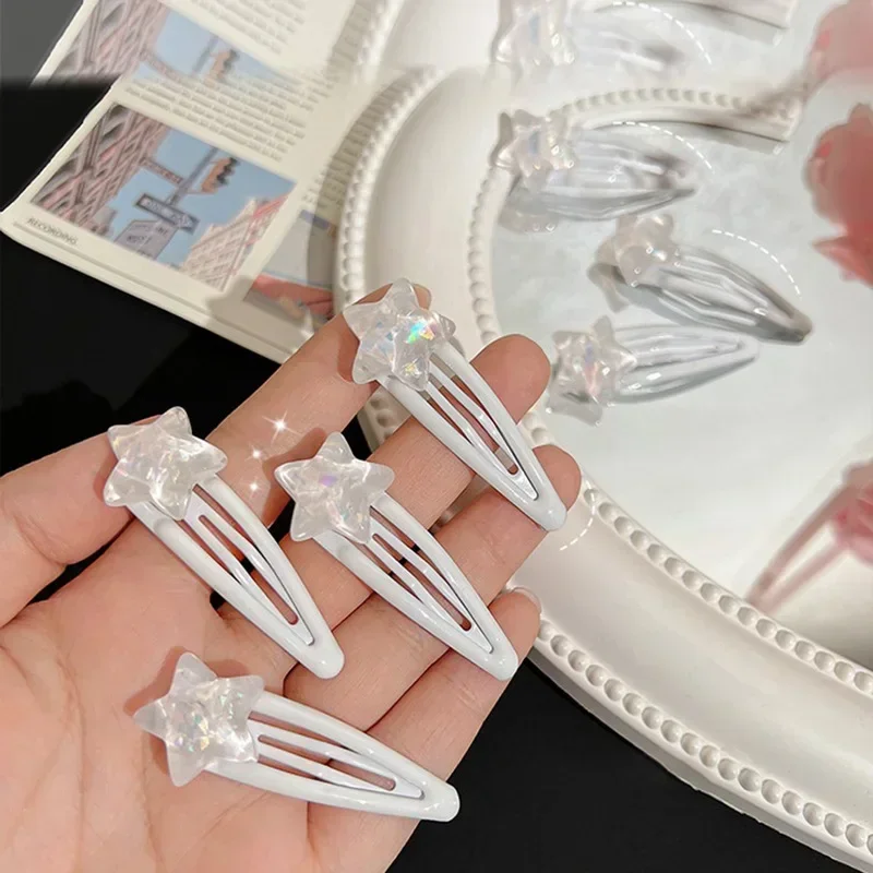 2pcs White Star Bangs Side Clip Women Girls Sweet Cute Snap Clip Hairpin Barrettes Korean Style Fashion Hair Accessories