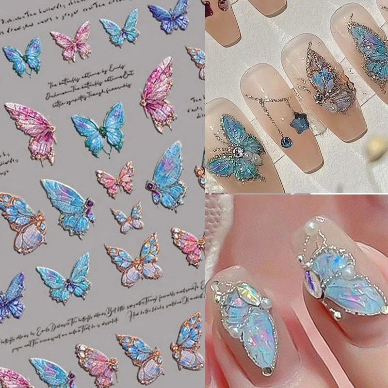 1PC Flash Butterfly Flowers 3D Nail Stickers Self-Adhesive Slider Nail Art Flowers  Decorations Decals Manicure Accessorie 2