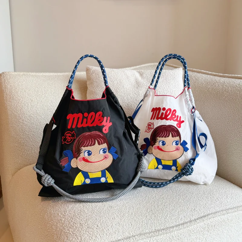 Bolso de hombro para mujer de nuevo estilo con bordados de estilo japonés y motivos de dibujos animados, bolso de gran capacidad, ligero y plegable, adecuado para ir de compras, para el tiempo libre, festivales y fiestas