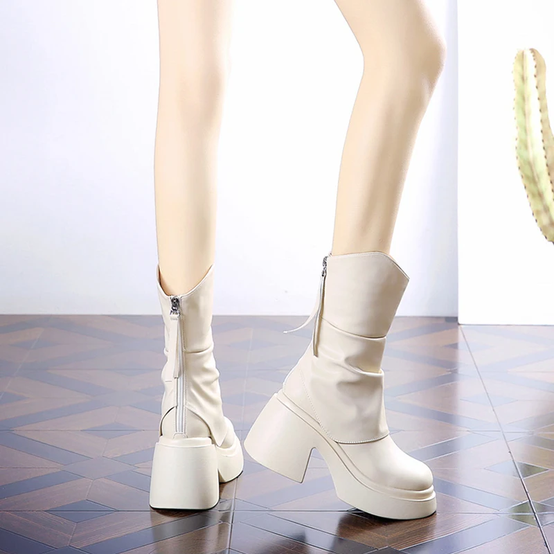 Round Toe Platform Thick Hees Back Zipper Women Boots Genuine Leather Shoes For Women Pleats Winter Personality Motorcycle Boots