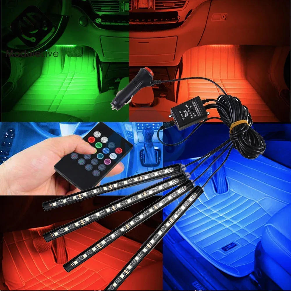 

4X Car Dome RGB 5050 12SMD Led Flexible Floor Strip Light Auto Remote Control Decorative Interior Lamp Atmosphere Bar Kit DC 12V