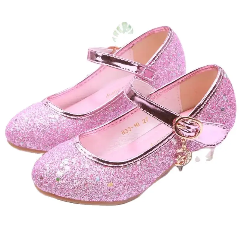 Children Princess Shoes student dance shoes for Girls High Heel Sandals Dress Purple Kids Leather Glitter Crystal Shoes Banquet