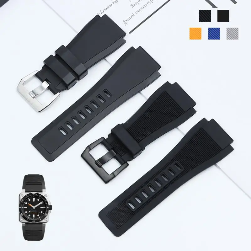 

TINTAG Soft Nature Black Blue Rubber Watchband Pin Buckle Accessories For Bell Ross Strap BR01 BR03 24mm Outdoor Waterproof
