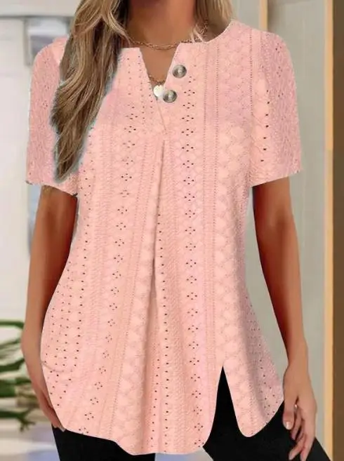

Spot Women's 2023 Summer Fashion Jacquard Button Design Split Casual Round Neck Short Sleeve T-Shirt Top