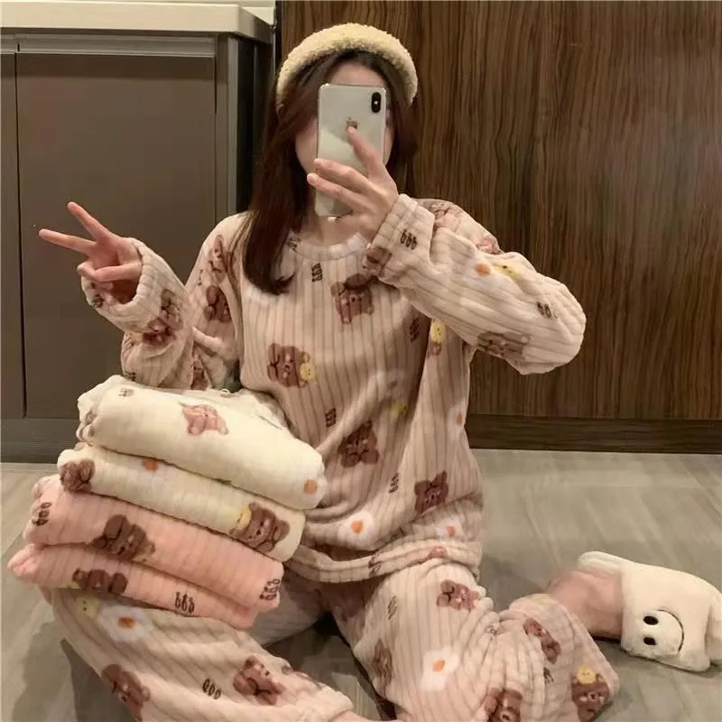 Women's Pajamas Autumn and Winter Coral Fleece Thermal Pajamas Flannel Long Home Wear Long Sleeve Trousers Suit Women's