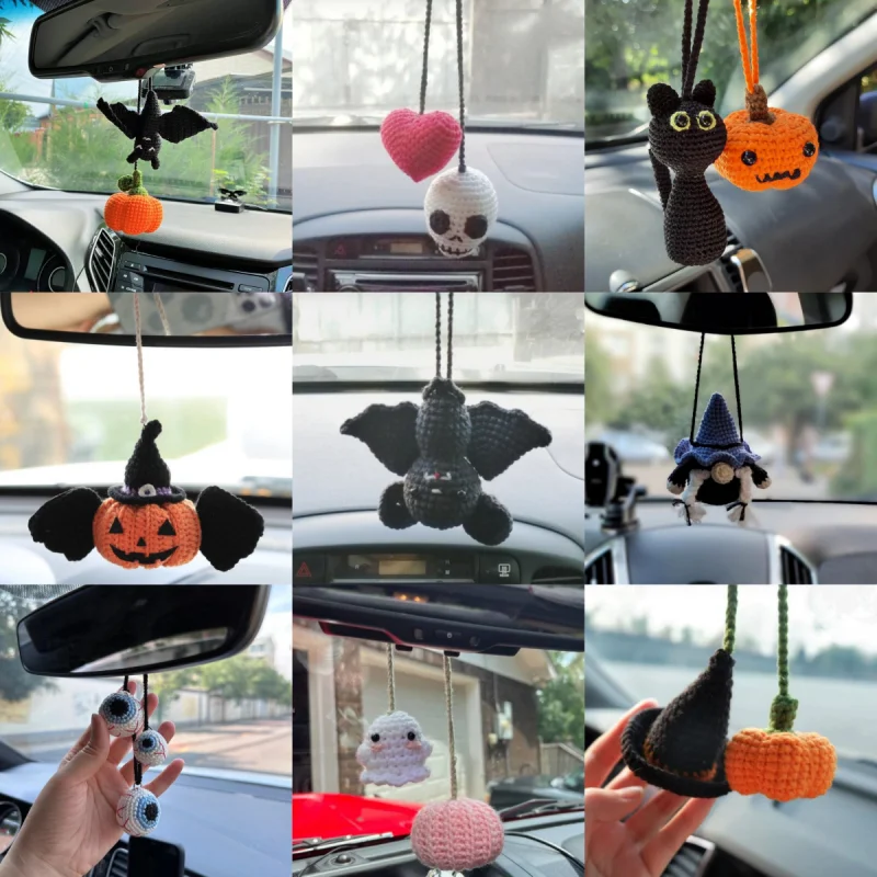 Halloween Car Accessories Crochet Pumpkin Car Mirror Hanging Accessories For Women Teens Animal Charm Car Decor Crochet Gift