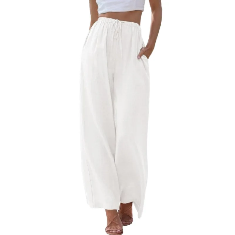 Women’s summer linen wide leg high waist drawstring casual palazzo pants with pockets white